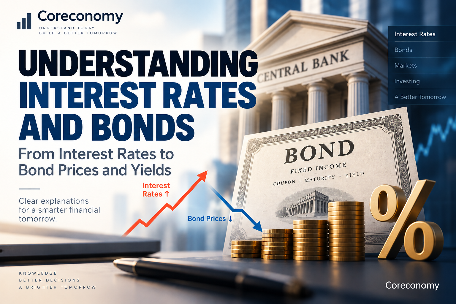 Infographic explaining the relationship between interest rates, bond prices, and bond yields