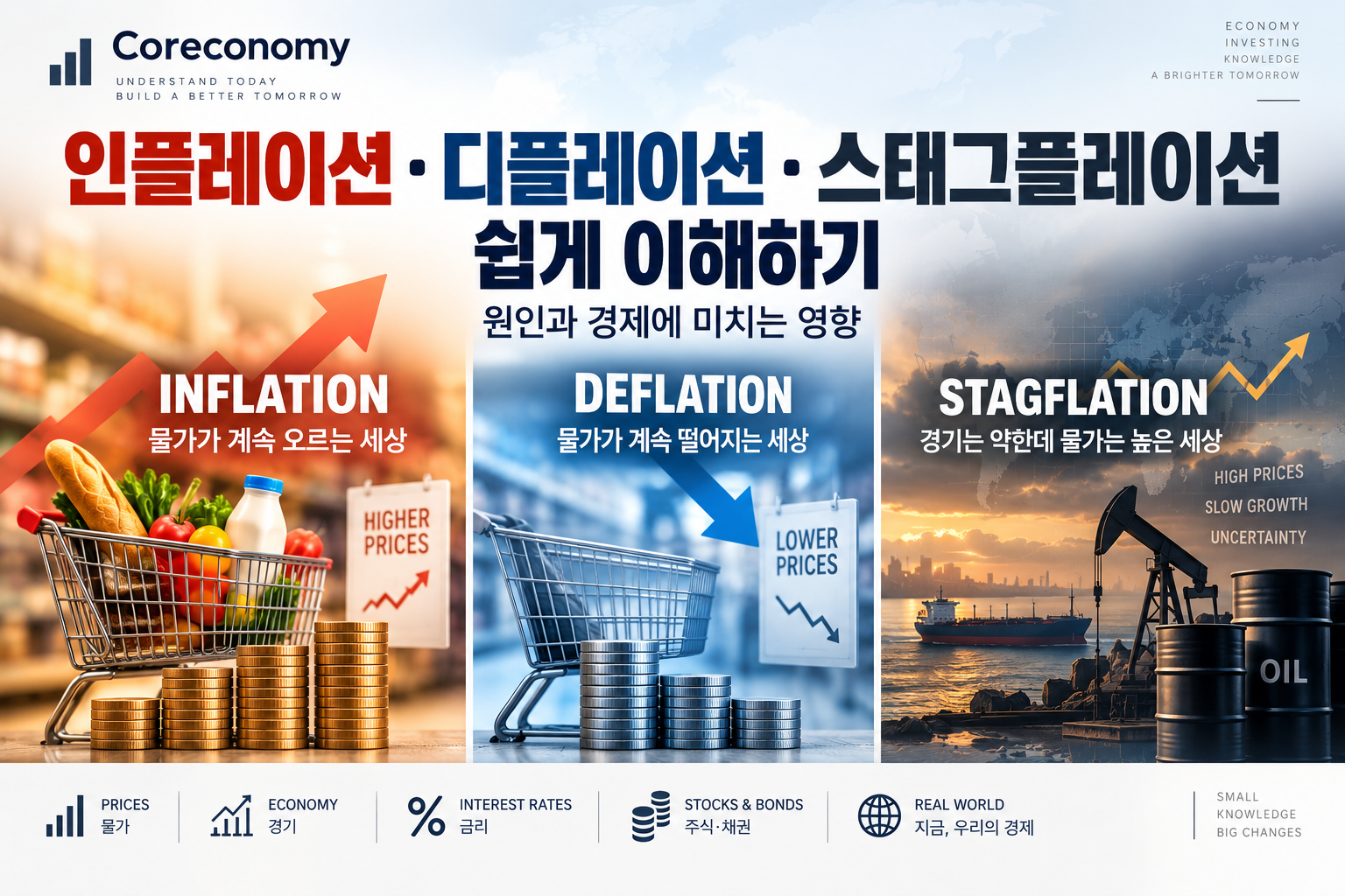 인플레이션·디플레이션·스태그플레이션의 차이와 경제적 영향을 설명하는 인포그래픽
