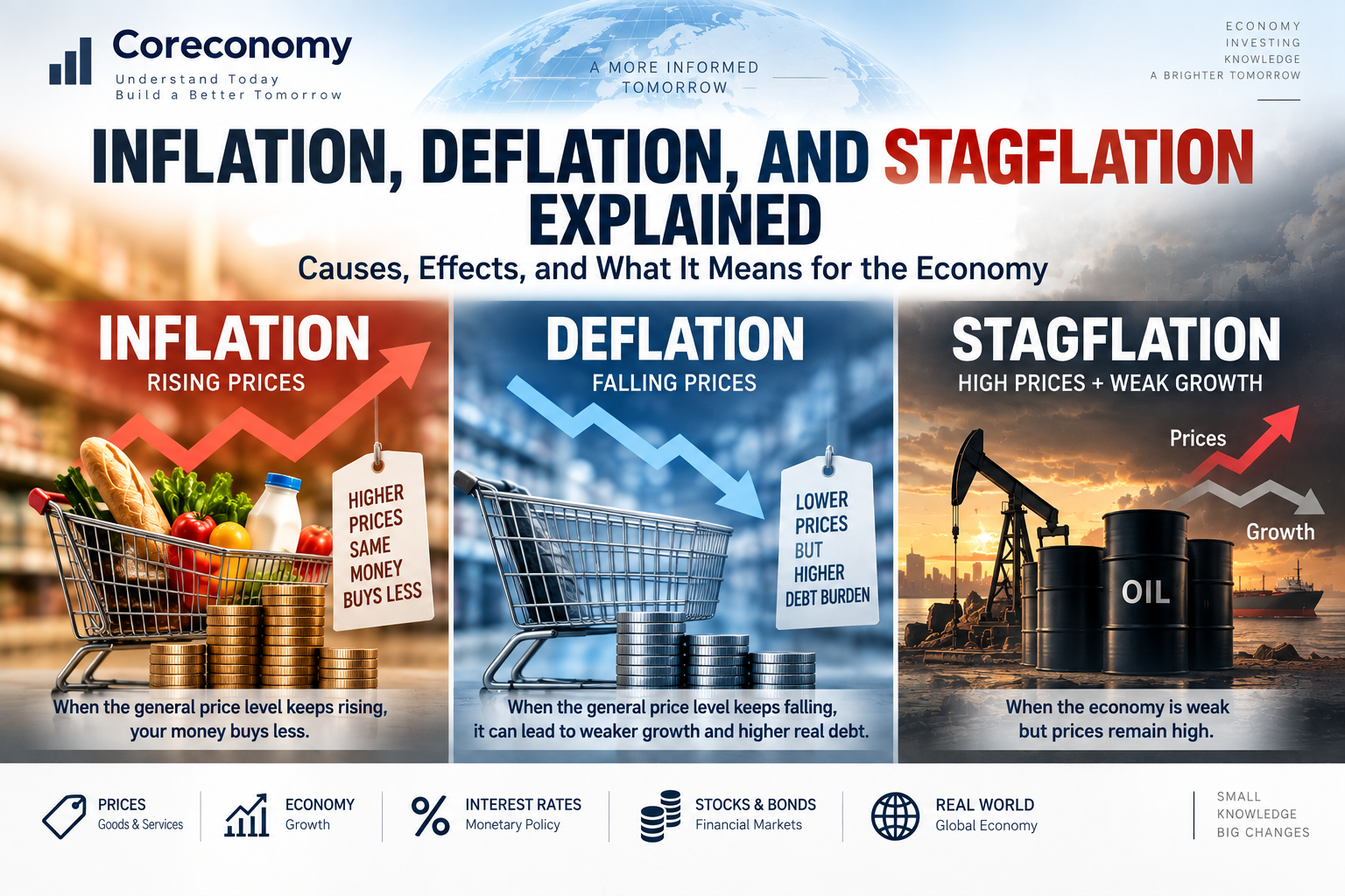 Infographic comparing inflation, deflation, and stagflation and their economic effects