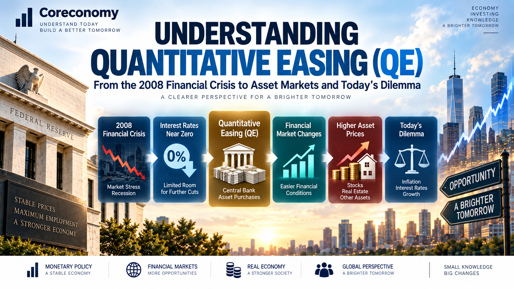 Infographic explaining quantitative easing, central-bank asset purchases, financial conditions, and asset markets