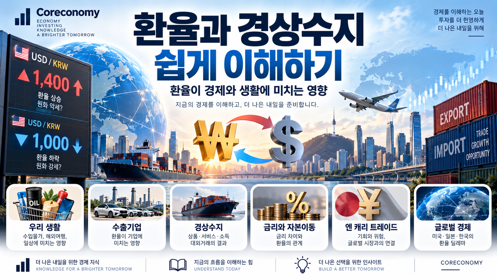 환율과 경상수지의 관계와 경제에 미치는 영향을 설명하는 인포그래픽