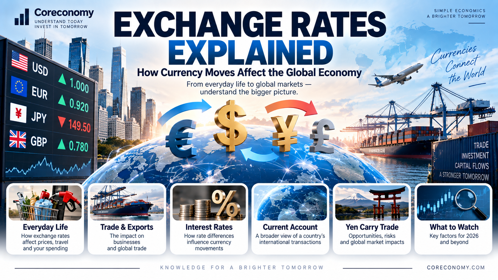 Infographic explaining exchange rates, current accounts, trade, capital flows, and global currency movements