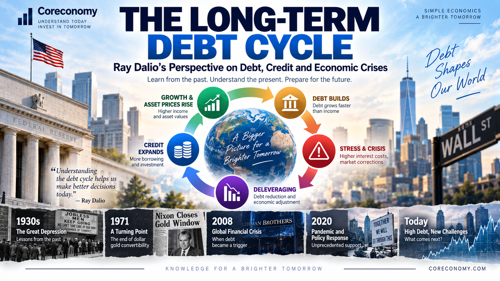 Infographic explaining Ray Dalio’s long-term debt cycle, credit expansion, asset prices, financial crises, and deleveraging