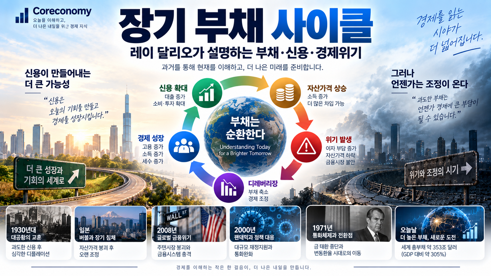 장기 부채 사이클과 신용 확대, 자산가격 상승, 금융위기, 디레버리징의 관계를 설명하는 경제 인포그래픽