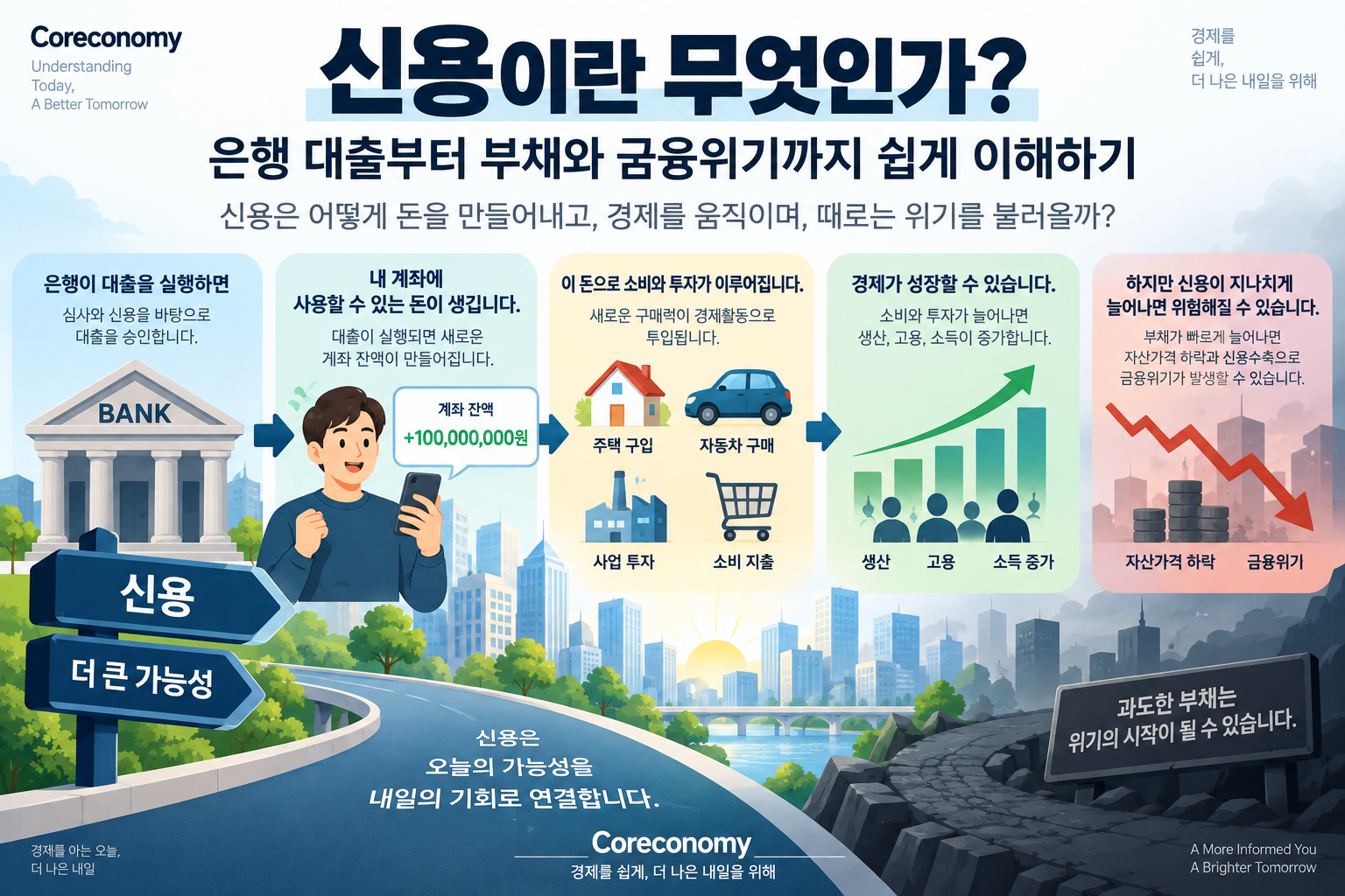 신용과 은행 대출, 구매력 확대, 경제성장, 부채와 금융위기의 관계를 설명하는 경제 인포그래픽