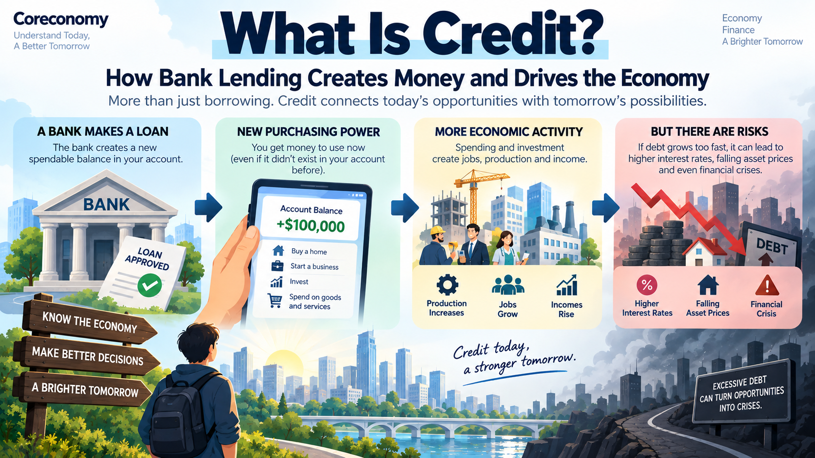 Infographic explaining how bank lending creates purchasing power and how credit connects to debt, economic growth, and financial crises