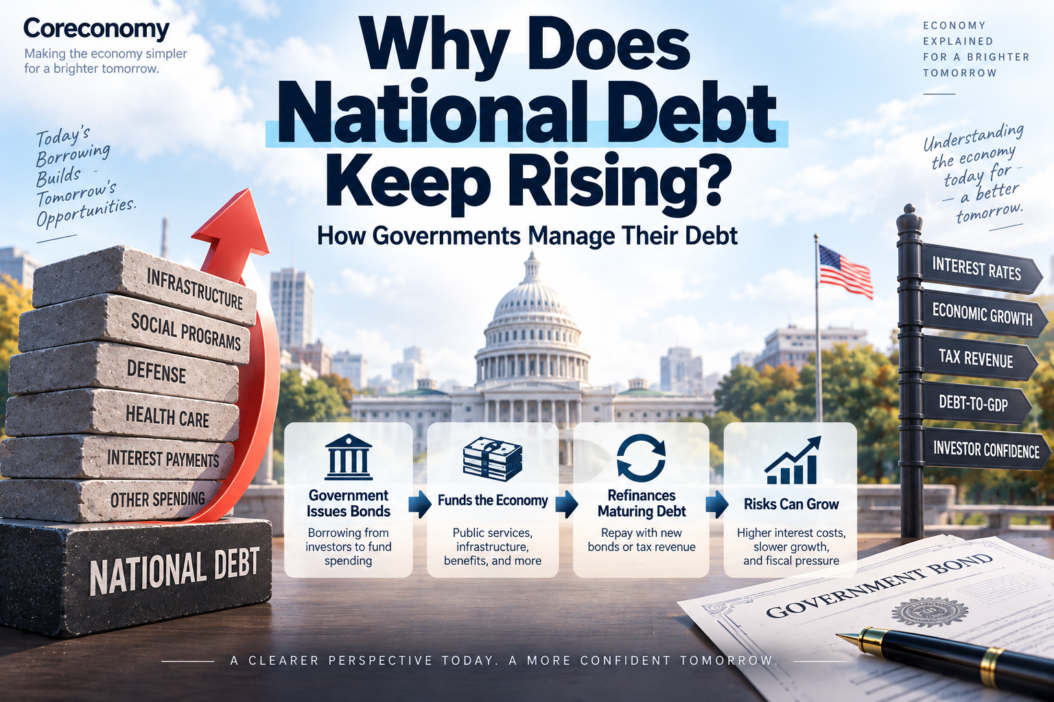 Infographic explaining national debt, government bonds, refinancing, interest costs, debt-to-GDP, and fiscal risks