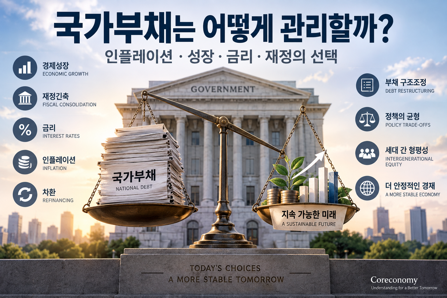 국가부채 관리와 경제성장, 재정긴축, 금리, 인플레이션, 차환, 부채 구조조정의 관계를 설명하는 경제 인포그래픽