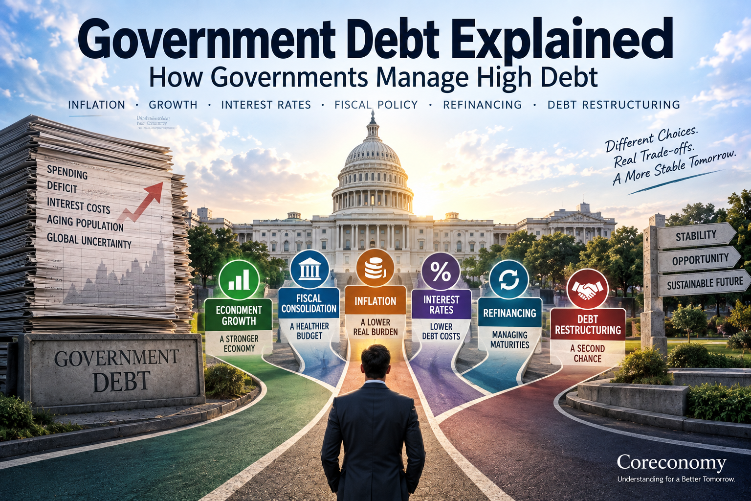 Infographic explaining government debt, economic growth, fiscal consolidation, inflation, interest rates, refinancing, and debt restructuring
