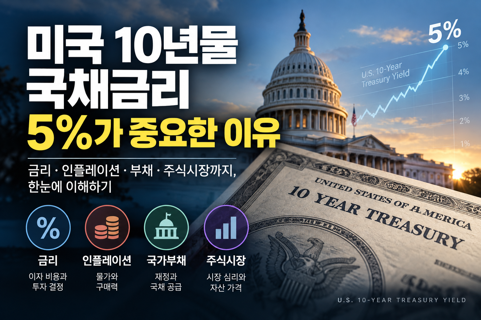 미국 10년물 국채금리 5%와 금리, 인플레이션, 국가부채, 주식시장의 관계를 설명하는 경제 인포그래픽