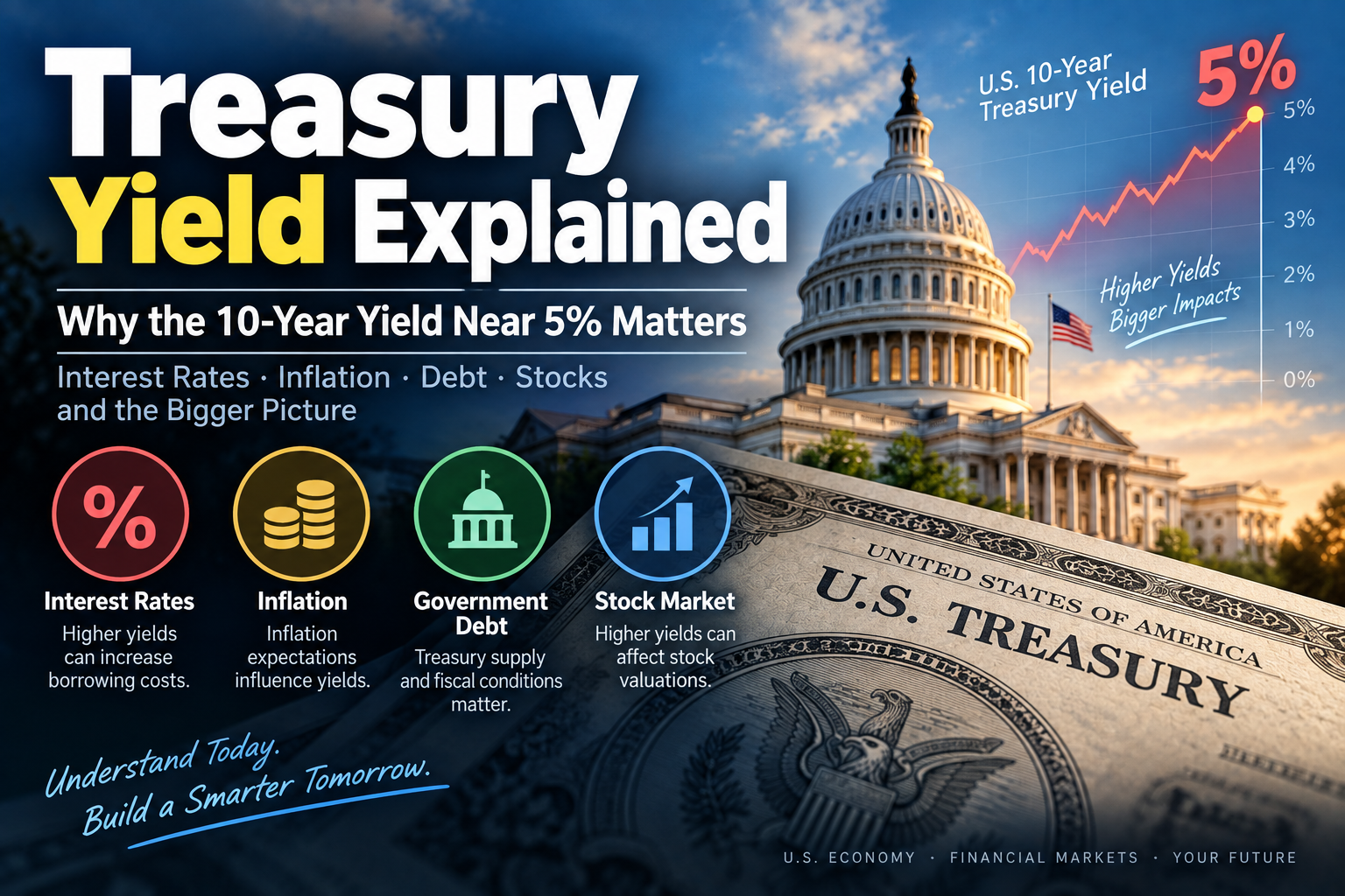 Infographic explaining Treasury yields, the U.S. 10-year Treasury yield near 5%, inflation, government debt, and stock market impacts