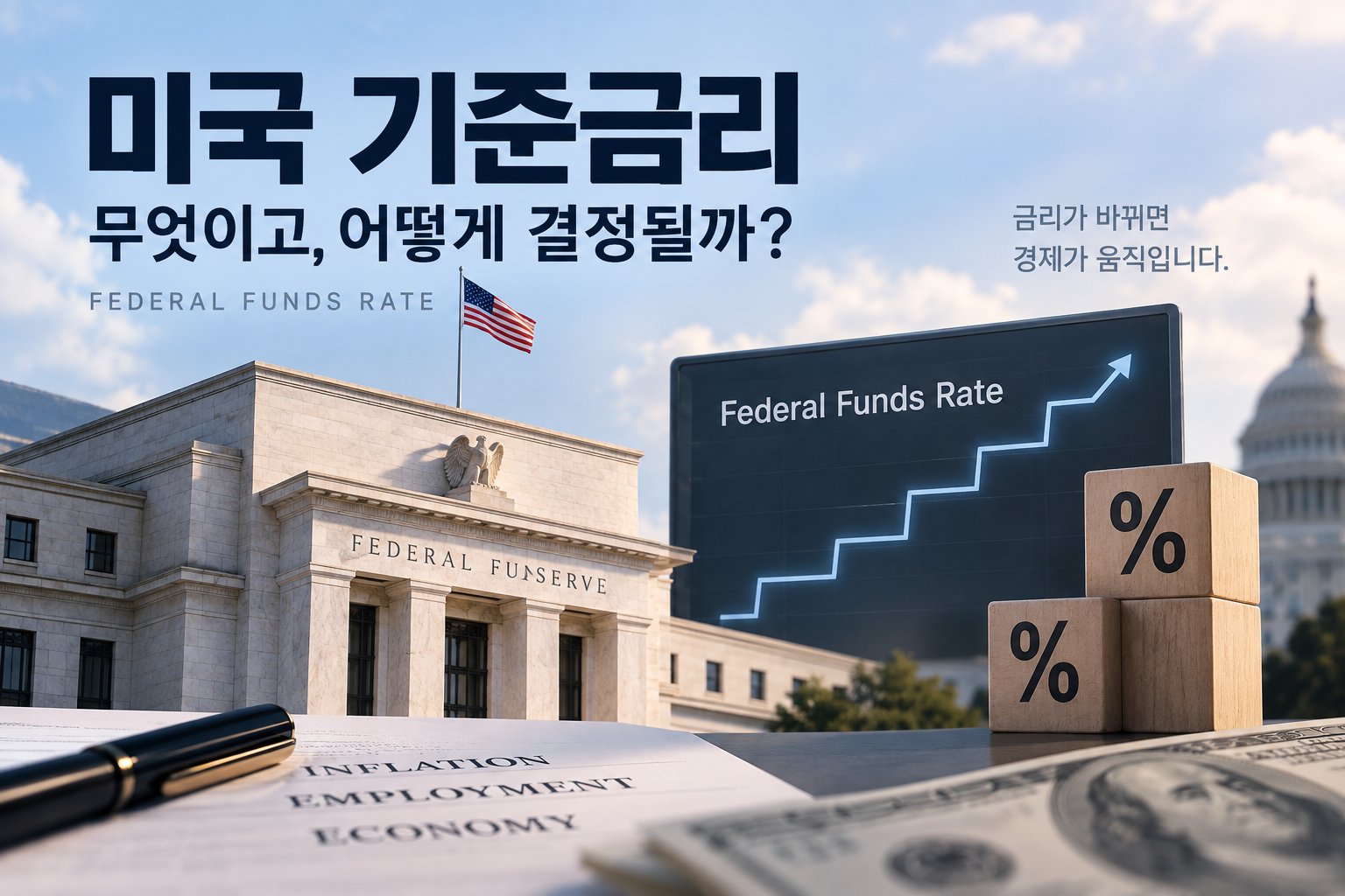 미국 기준금리와 연방기금금리, 인플레이션, 고용, 경제에 미치는 영향을 설명하는 경제 인포그래픽