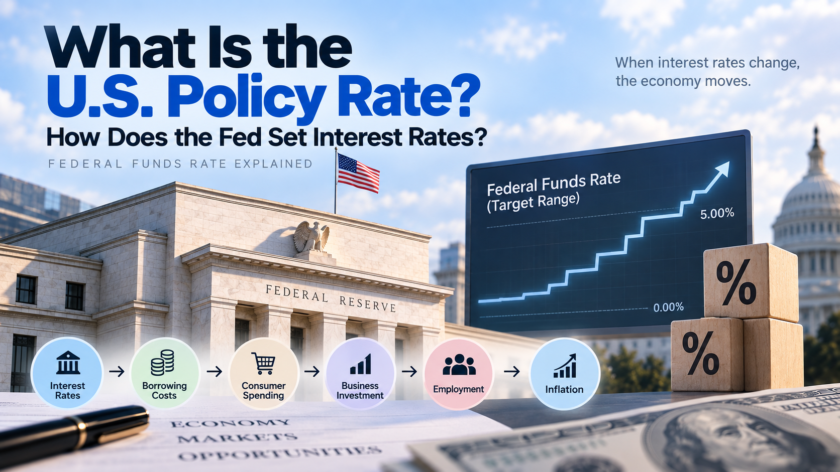 Infographic explaining the U.S. policy rate, Federal Funds Rate target range, Federal Reserve decisions, borrowing costs, employment, and inflation