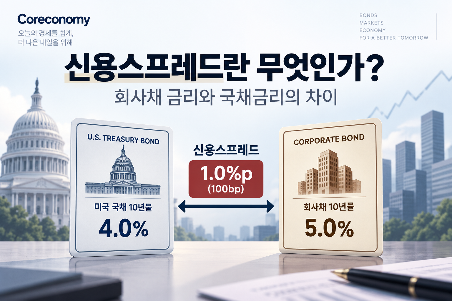 미국 국채 10년물 4%와 회사채 10년물 5%의 금리 차이인 신용스프레드 1%포인트(100bp)를 보여주는 이미지