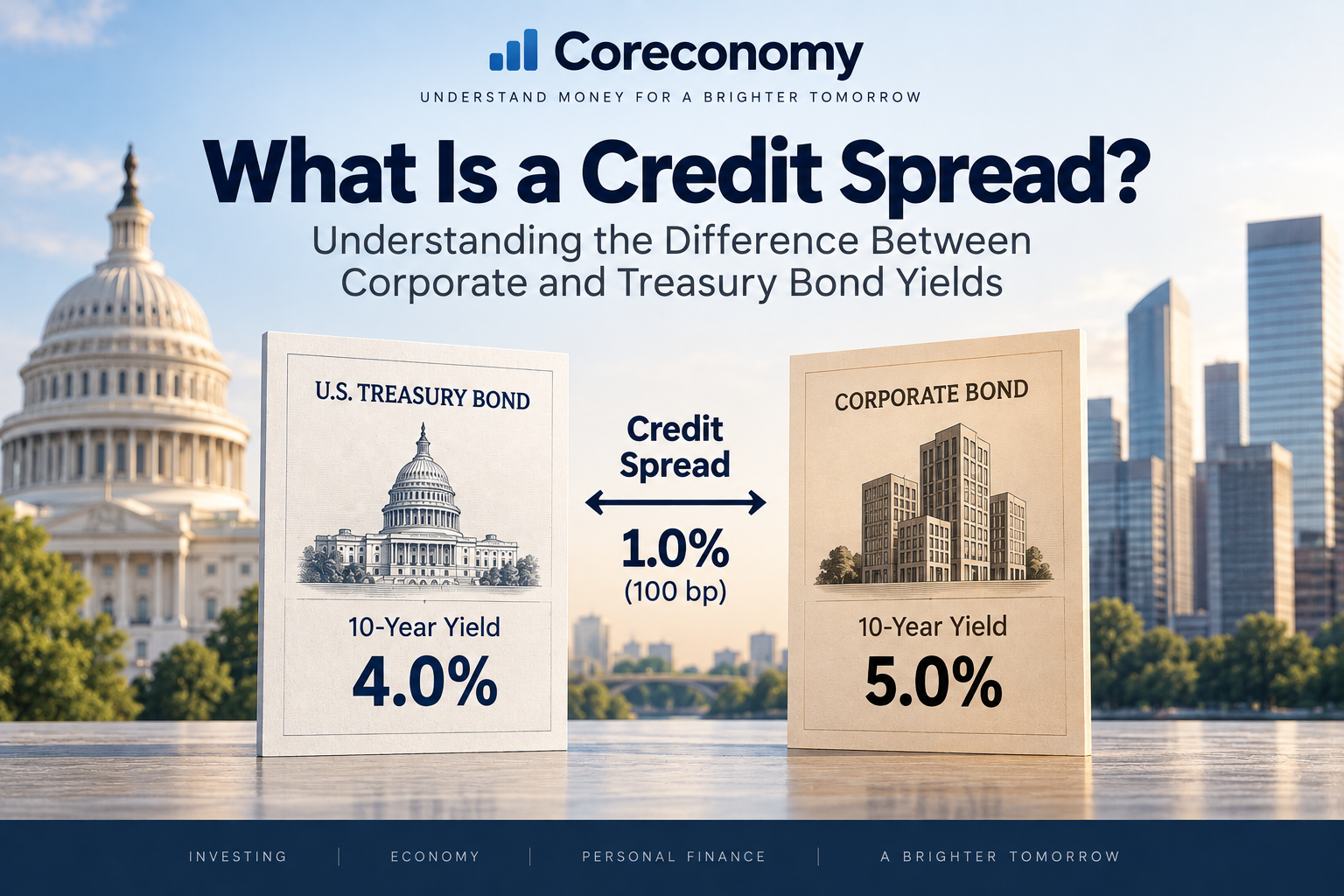 Coreconomy graphic showing a 4% U.S. Treasury 10-year yield, a 5% corporate bond yield, and the resulting 1 percentage point (100 bp) credit spread.