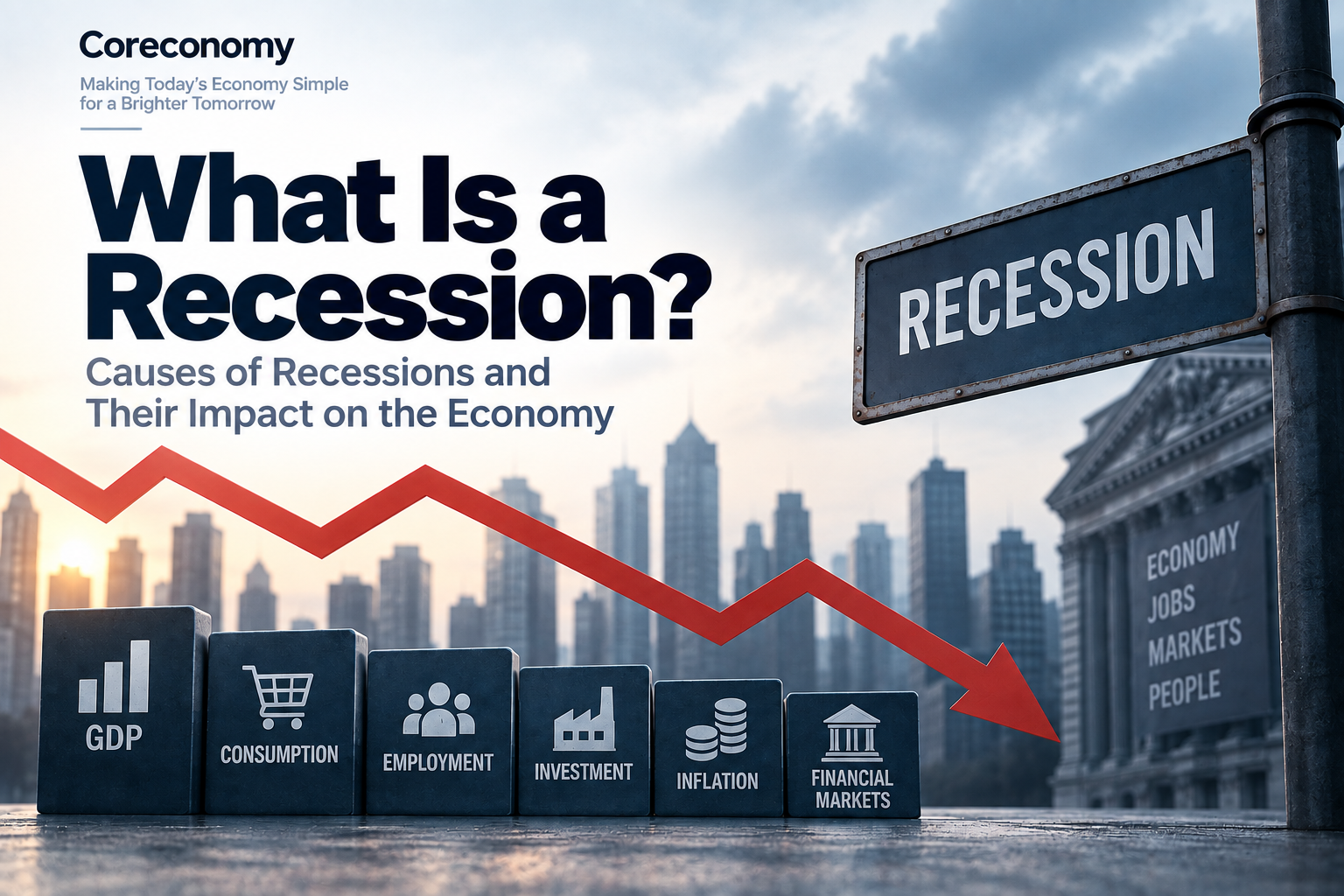 Coreconomy illustration explaining what a recession is, with a falling economic trend and GDP, consumption, employment, investment, inflation, and financial markets