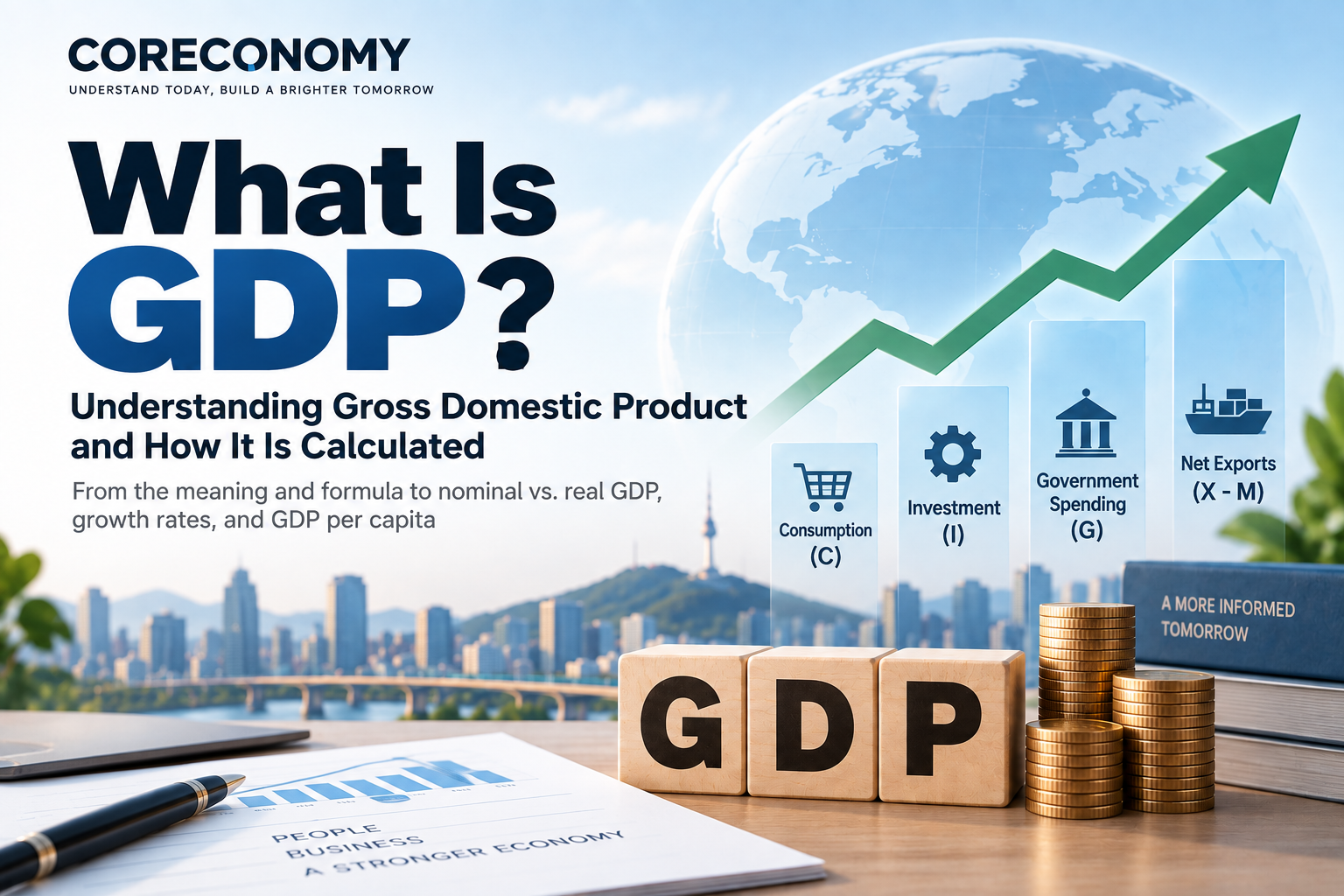Coreconomy illustration explaining GDP, with a globe, rising economic trend, GDP blocks, and the four expenditure components: consumption, investment, government spending, and net exports.