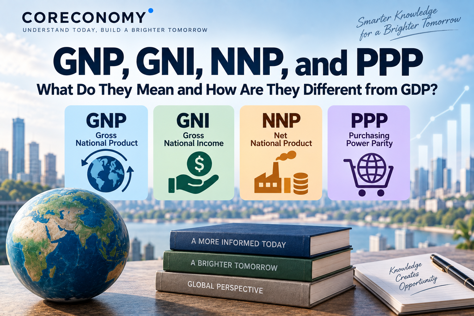 GNP, GNI, NNP, and PPP explained with four economic indicator panels, a globe, financial charts, and the CORECONOMY brand.