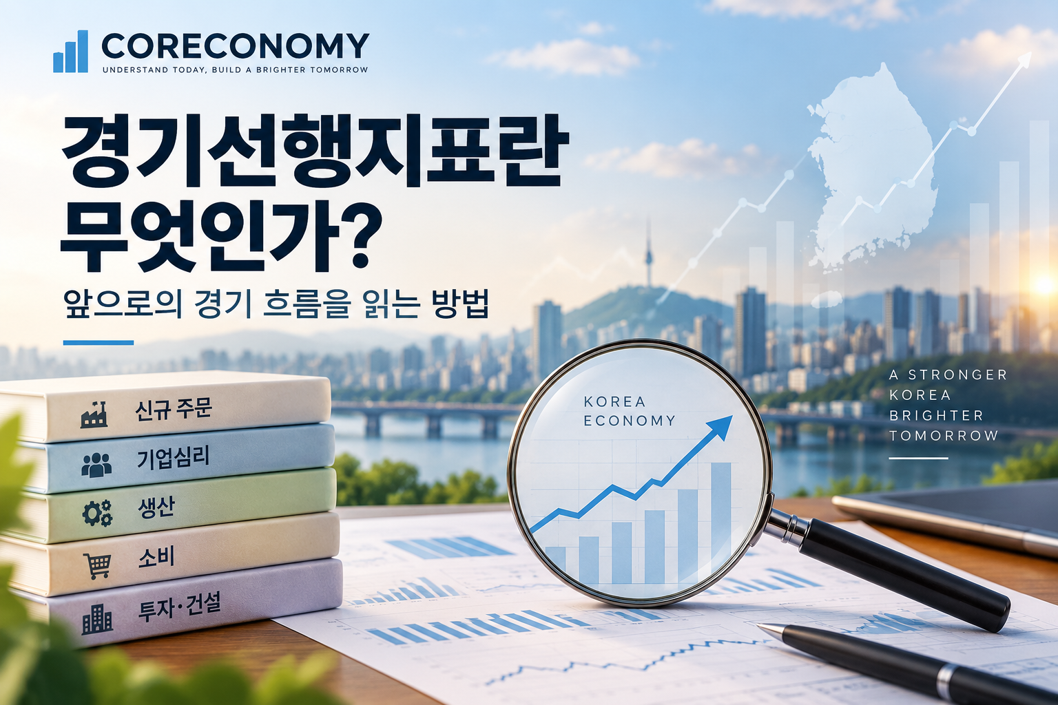 경기선행지표의 의미와 경기 흐름을 보여주는 경제 일러스트로, 한국 도시와 경제 그래프를 배경으로 신규 주문, 기업심리, 생산, 소비, 투자·건설 지표를 표현하고 CORECONOMY 로고를 포함한 이미지