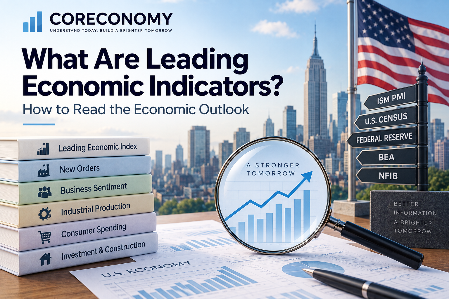Leading economic indicators explained with the U.S. skyline, economic charts, the Leading Economic Index, new orders, business sentiment, industrial production, consumer spending, investment and construction, and the CORECONOMY logo.